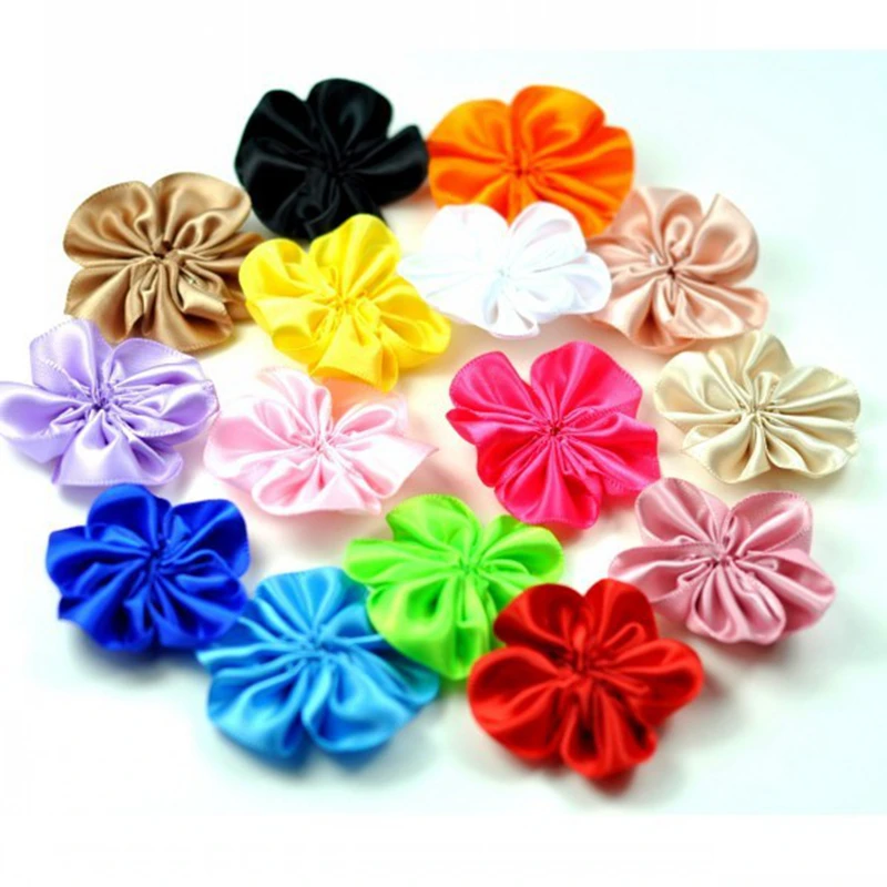 

120pcs/lot 2" 16colors DIY Satin Ribbon Petal Flower For Hair Accessories Artificial Ruffled Fabric Flowers For Kids Headbands