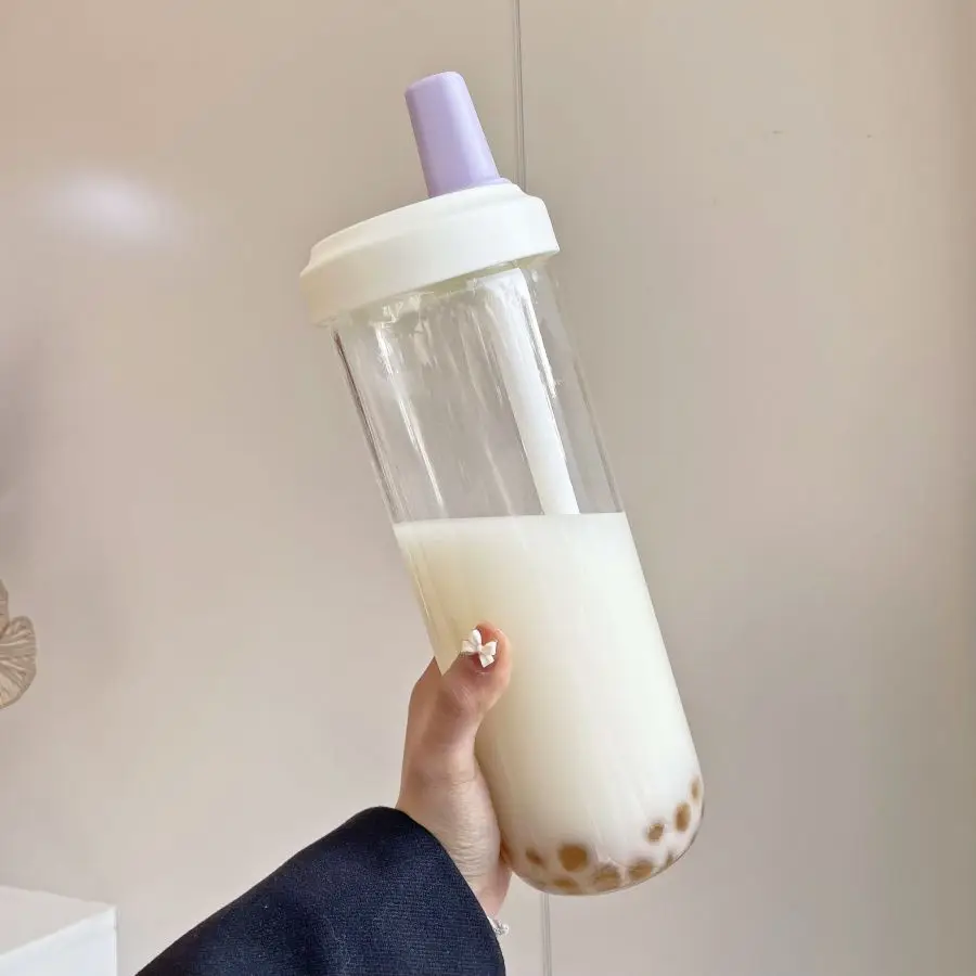 Cute Pearl Milk Tea Straw Plastic Water Bottle with Cup Cover - Drop-proof, Large Capacity Drinkware