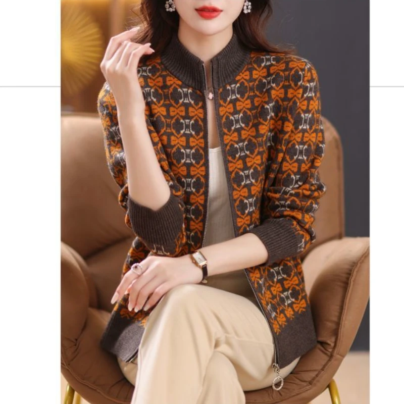

Vintage Knit Cardigan Women Zipper Sweater Coat Long Sleeve Print Spring Autumn Jacket Luxury Brand Clothing Korean Chic Tops