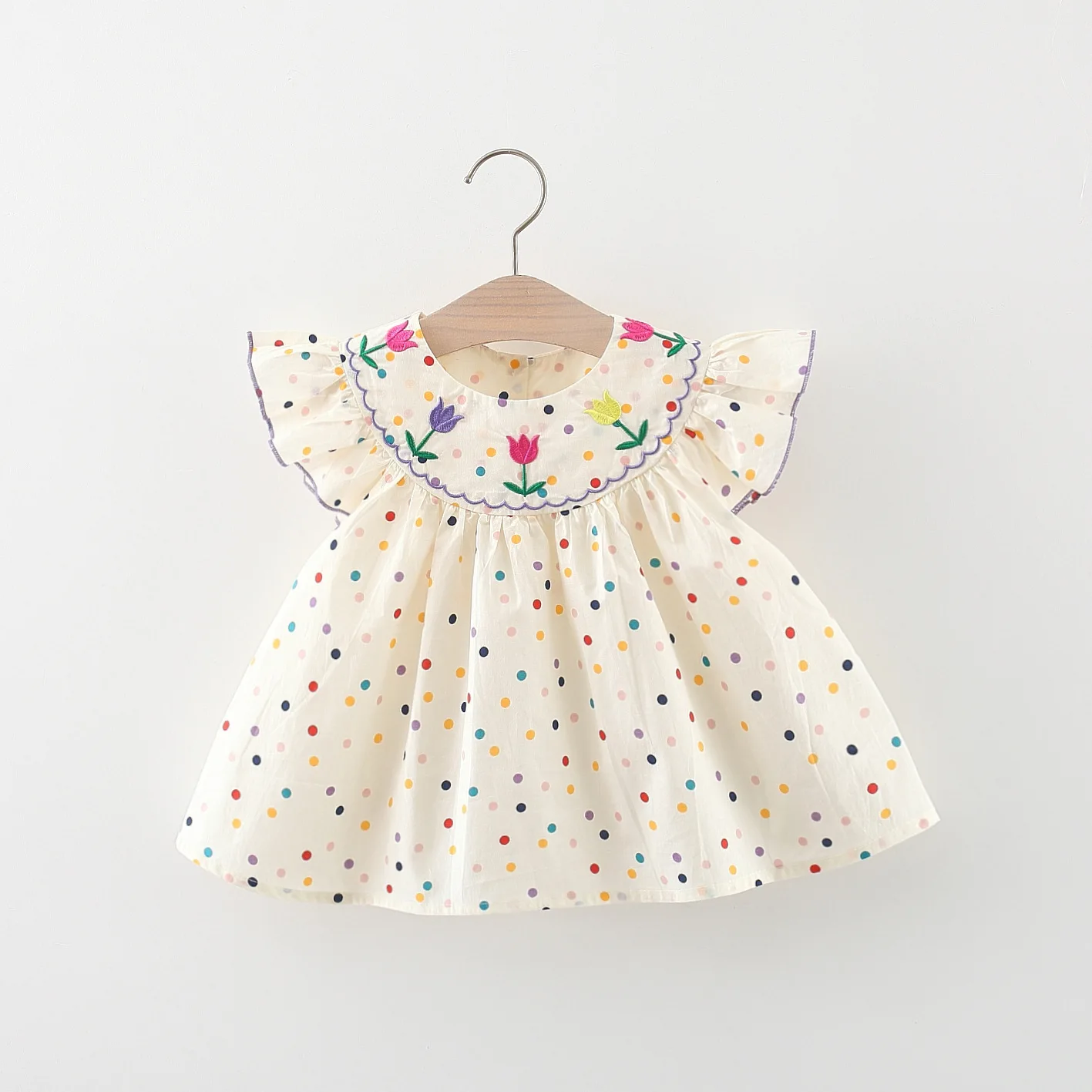 Summer New 0-3 Year Old Girl Short sleeved Dress with Flower Embroidered Colorful Dot Doll Neck Princess Dress 1