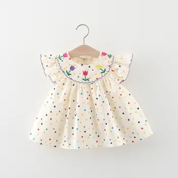 Summer New 0-3 Year Old Girl Short sleeved Dress with Flower Embroidered Colorful Dot Doll Neck Princess Dress 1