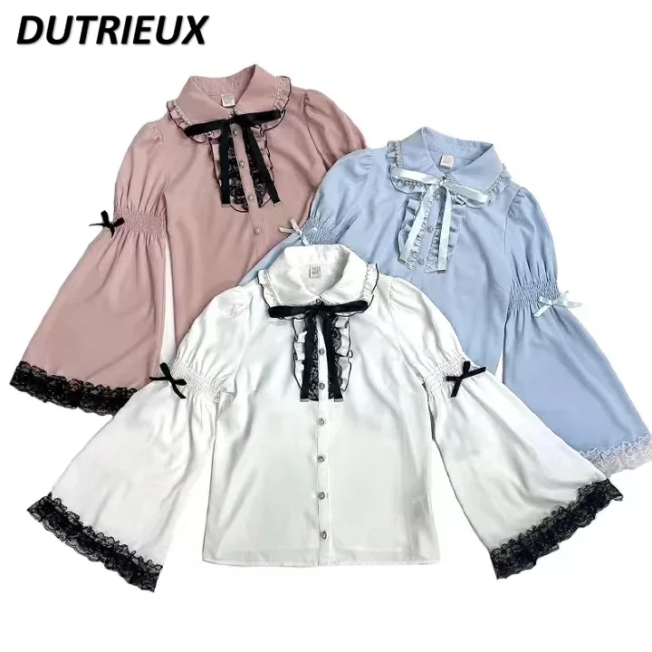 

Spring Autumn New Lolita Sweet Cute Girls Shirt SC Bell Sleeve Heavy Industry Retro Blouse Lace Edge Bow Tops for Women