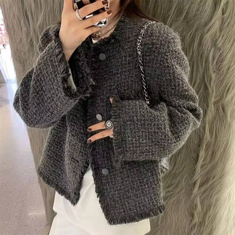 

Wool Blends Autumn Quilted Grey Fringed Jacket Feminina Long Sleeve Tailored Coat Women's Clothing Chaqueta Mujer