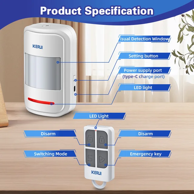 KERUI 433MHz Infrared Motion Sensor Detector Alarm/Doorbell Two Modes Wireless PIR Motion Alarm with Remote SOS for Home Elders 6