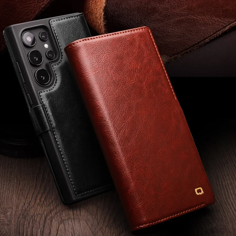 Genuine Leather Phone Case QIALINO Business Style Fashion Luxury Card Slots Cover For Samsung S24+ Plus 5G S24 Ultra 5G