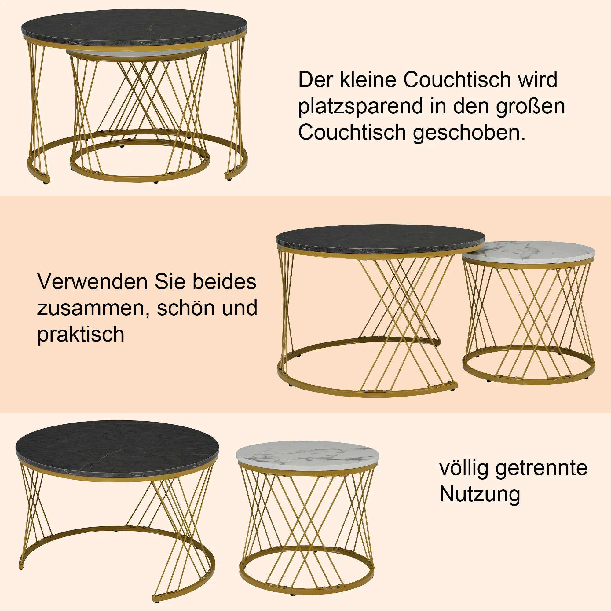 (WF300416AAA) Modernes Satztisch-Set – Sofa-Beistelltische mit Marmorfurnier, runde Beistelltische (2er-Set) mit Goldakzenten – Detail 14