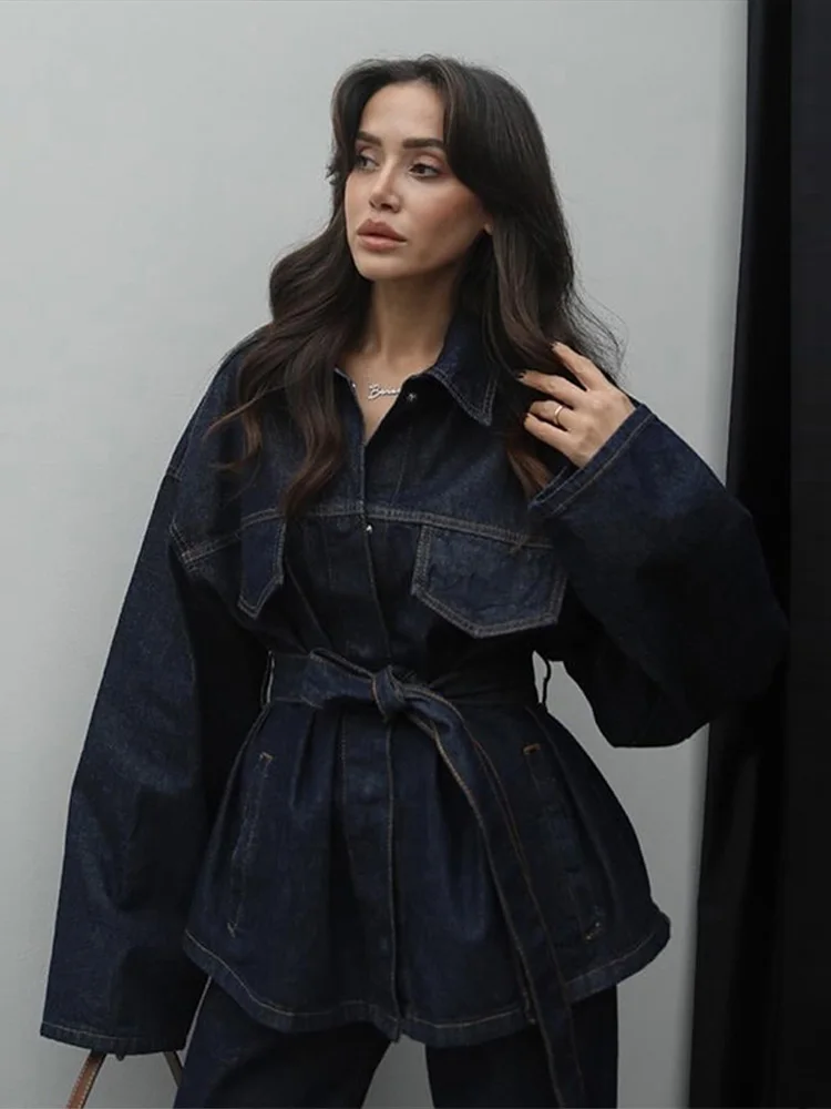 Vintage Denim Jacket Women Lapel Single Breasted Belt Jackets Pockets Jeans 2026 Spring Autumn Lady Street Outfits