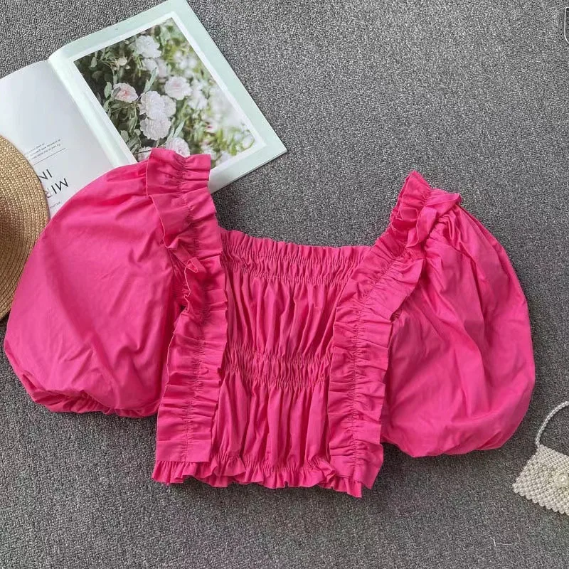 여아 여름 버블 소매 셔츠 한국 버전 아동 단색 슬림핏 스윗 펀칭 엣지 탑