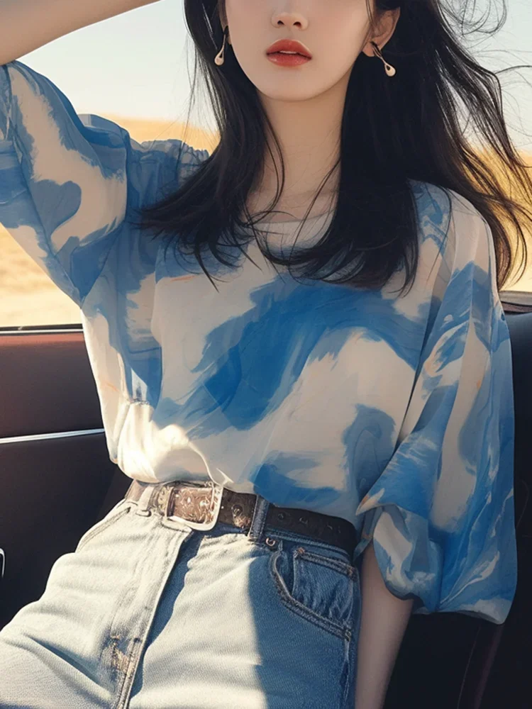 Chiffon Women's Shirt Summer Prints Vintage Blouses Loose Short Sleeve Women Tops O-neck Fashion Clothing 2024 Korean