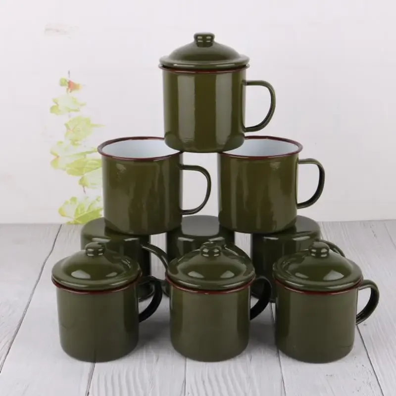 370ml Retro Unbreakable Cookable Heatable Enamel Cup Army Olive Coffee Tea Mug For Kitchen Outdoor Camping Travel Cup Home Decor