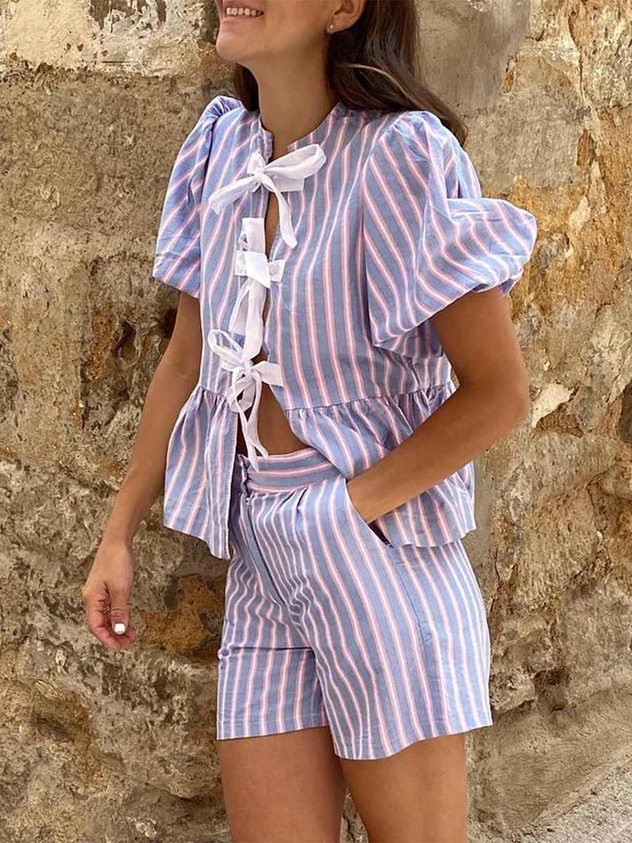 

Y2k Puffy Sleeve Striped Shirt & Short Pants 2 Piece Sets Women Bow Lace Up Hollow Tops High Waist Pant Suit Vacation Outfits