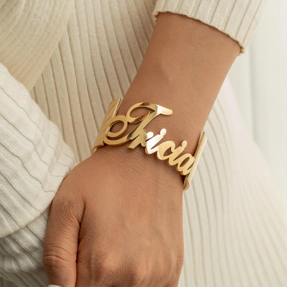 CustomNameBraceletForWomenPersonalizedAdjustableStainlessSteelPunkBraceletCuffBangleLadiesJewelryGirlfriendGift