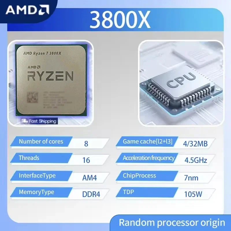 AMD Ryzen 7 3800X 데스크탑 CPU 8코어 16스레드 기본 속도 3.9GHz 최대 부스트 속도 4.5GHz 32MB L3 캐시 소켓 AM4 게이밍 프로세서