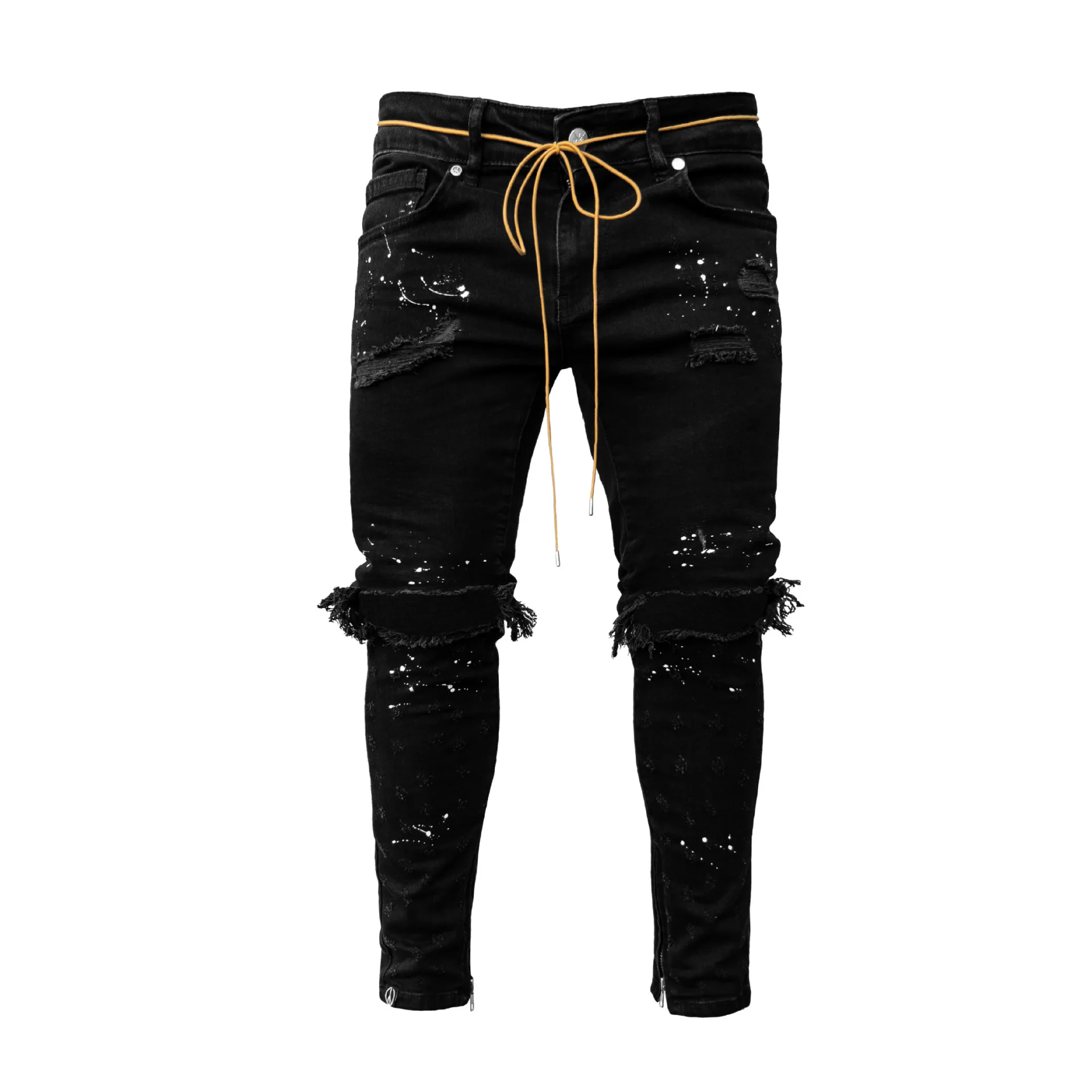 Men Jeans Stretch Destroyed Ripped Paint point Design Fashion Ankle Zipper Skinny Jeans For Men