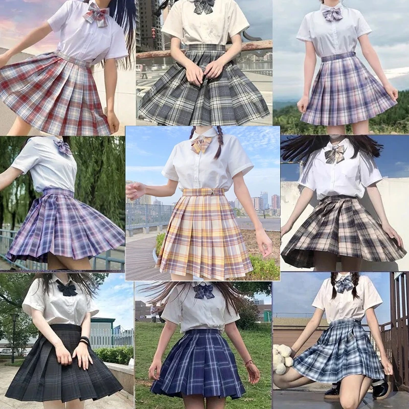 

Summer Girl Maid Lady Japanese JK Pink Purple Uniform Pleated Skirt White Shirt Student Women's Plaid Skirt Suit Preppy Style