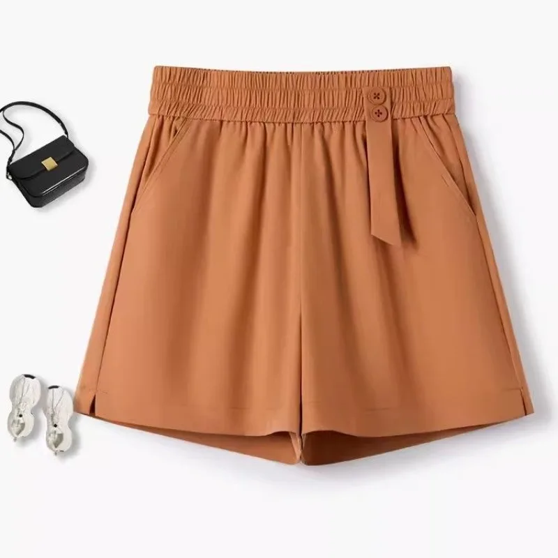 Minimalist Commute Women 2024 Summer New Elastic Waist Shorts Solid Color Button Pockets All-match Straight Loose Wide Leg Pants