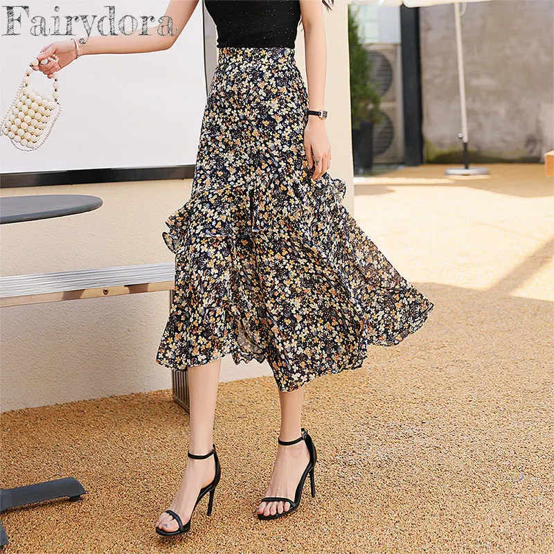 

Женская шифоновая юбка с оборками и цветочным принтом, высокая талия, боковая невидимая молния, длинная, эластичная