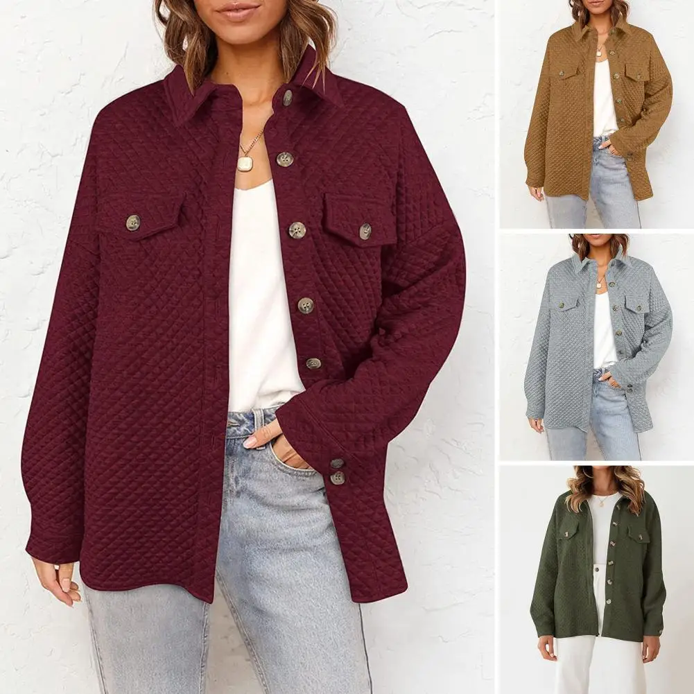 

Женская однотонная куртка с отложным воротником, однобортная стеганая рубашка с длинным рукавом, Повседневная Верхняя одежда с имитацией карманов и вафельным узором, осень 2023