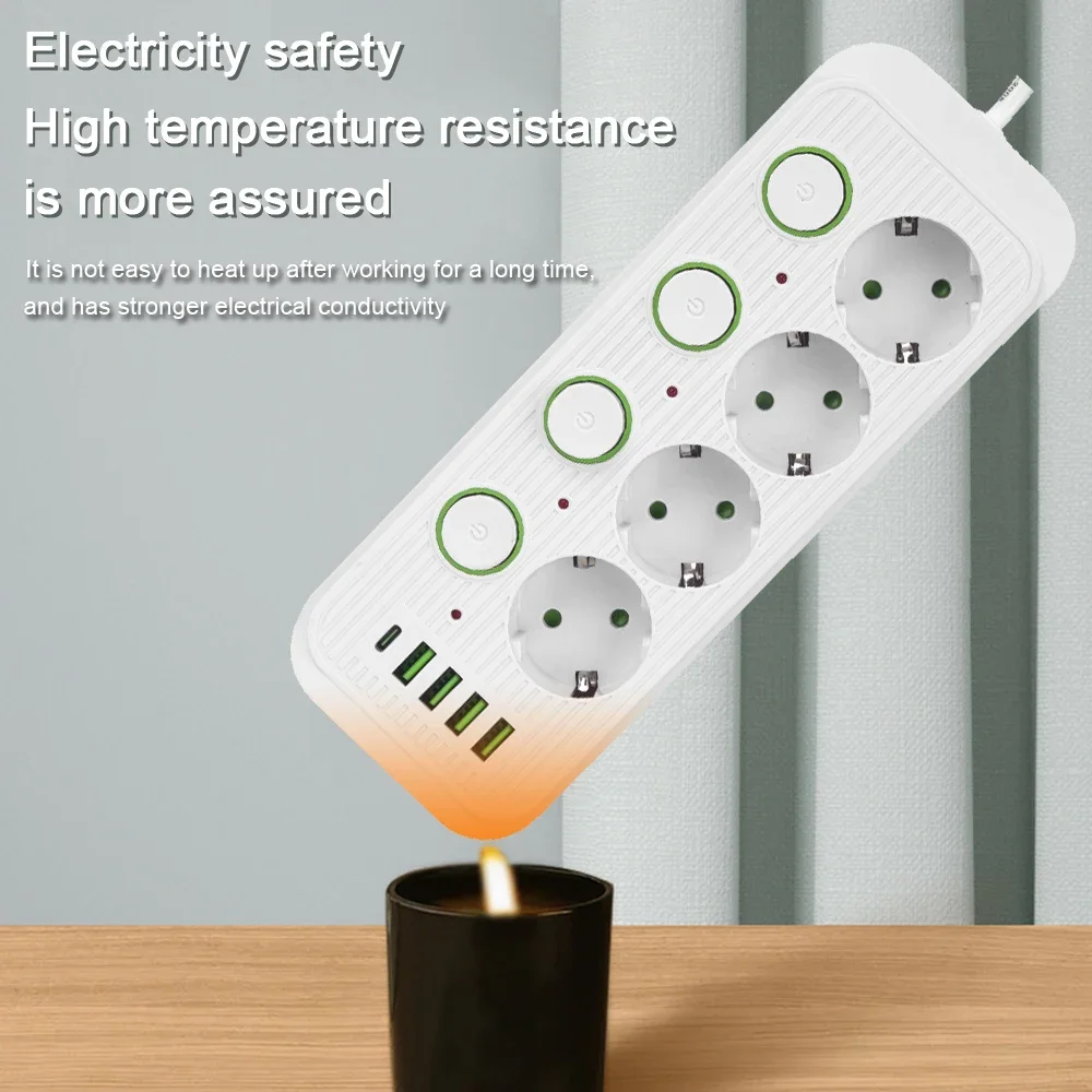 European Standard Power Strip with USB Ports and Network Filter, Individual Switch, EU Plug