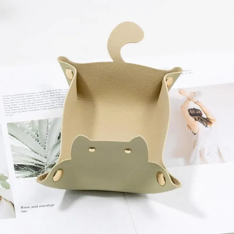 Cute Cat Shape Leather Storage Tray Dice Box Coin Desktop Jewelry Box Makeup Key Tray DIY Household Folding Tray Storage Case 5