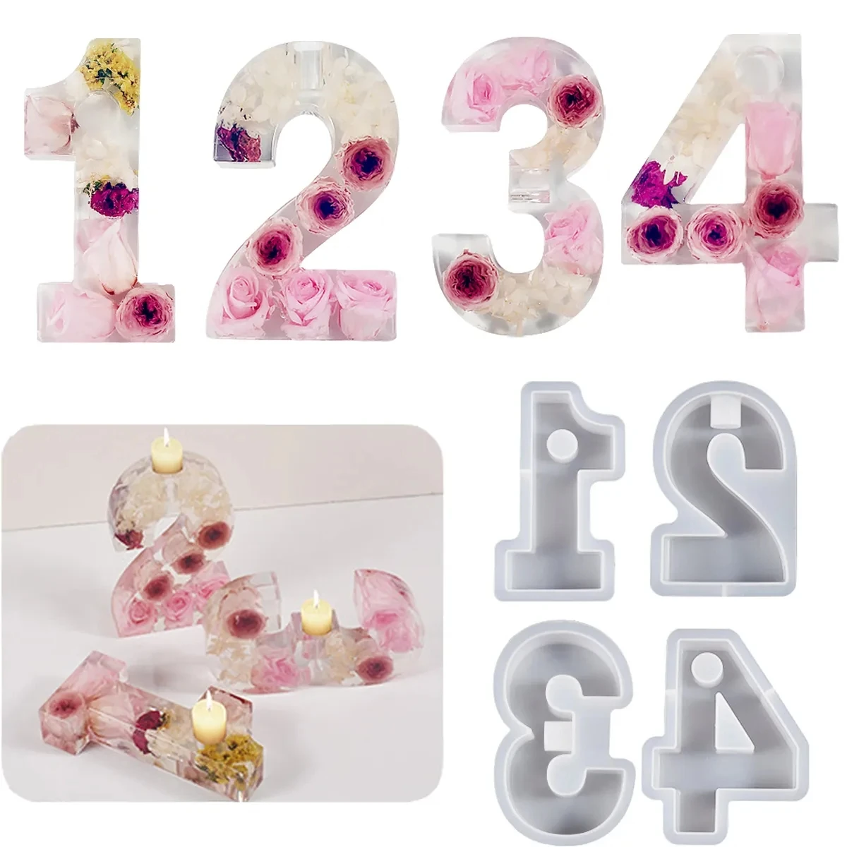 

1-4 Numbers Shape DIY Silicone Mold 3D Handmade Candle Holder Molds Gypsum Resin Mold Craft Candlestick Mould Decoration