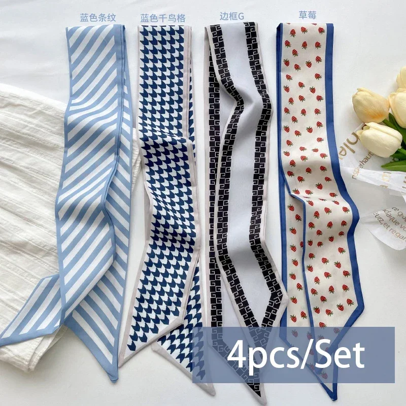 4pcs/set Series Silk Satin Scarf Women Cloth Hair Bands Headdress Accessories Lady Scarves Ribbon Neck Ties for Bag Handle 4