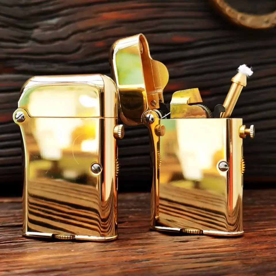 Accendino Per Olio Combustibile Vintage Collezione Di Tubi Per Sigarette Dorati In Ottone Briquet Sollevamento Meccanico Isqueiro