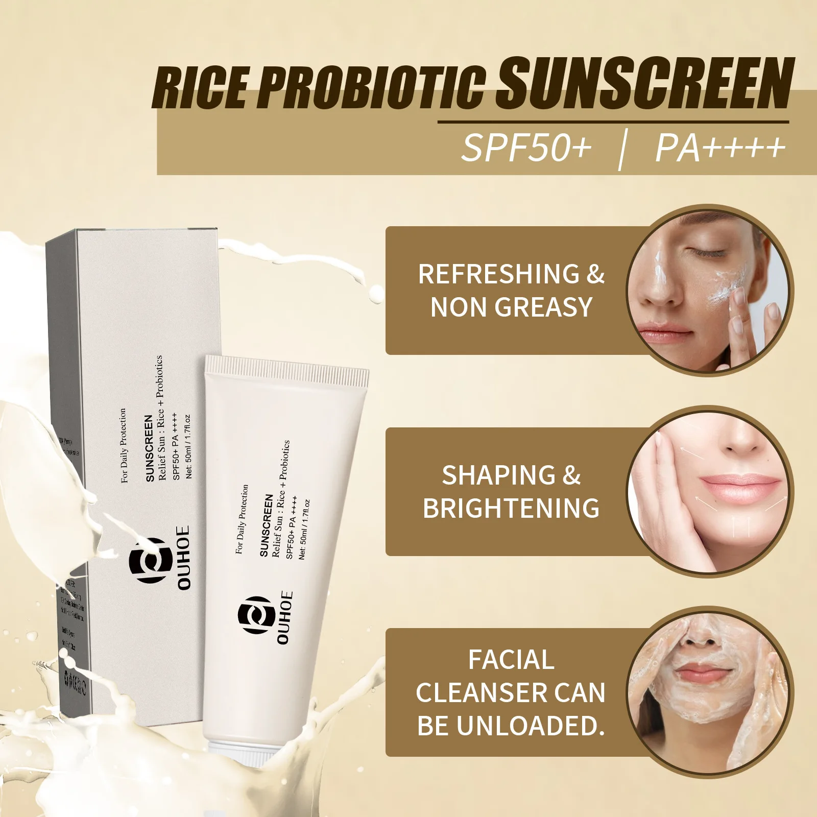 Rice Probiotic Sunscreen Cream SPF50+ UV Protection Waterproof Prevent Sunburn Isolation Moisturizing Whitening Sunblock Lotion