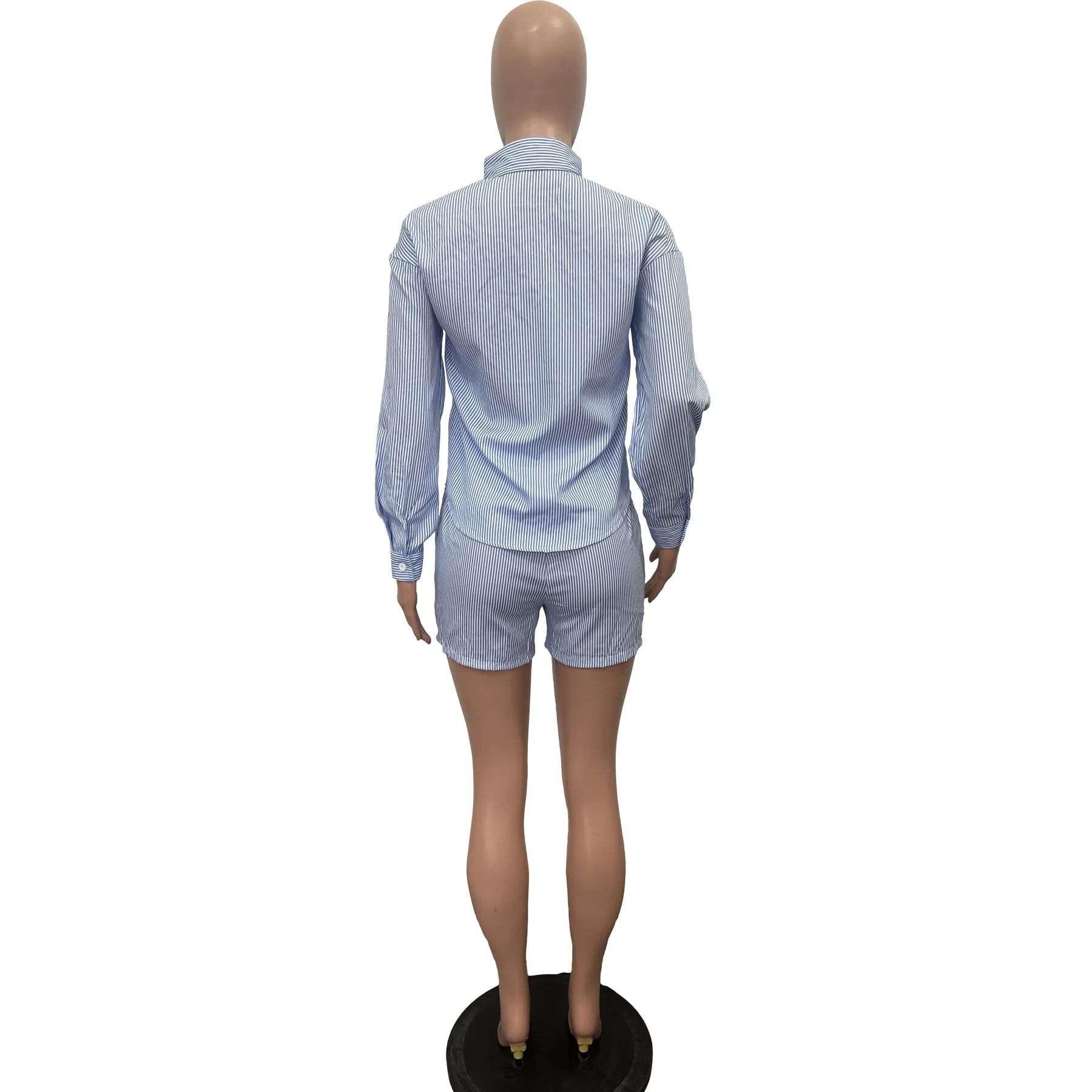 2025 Women Clothing Fashion Casual Striped Button Lapel Long Sleeve Suits Buttons Shorts Two-piece Set Wholesale Dropshipping