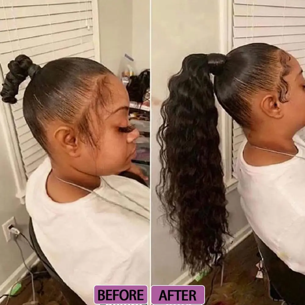 물결 모양 끈으로 묶는 포니테일 인모 연장 10-32인치 콘 웨이브 포니테일 클립 인 연장 인모 피스