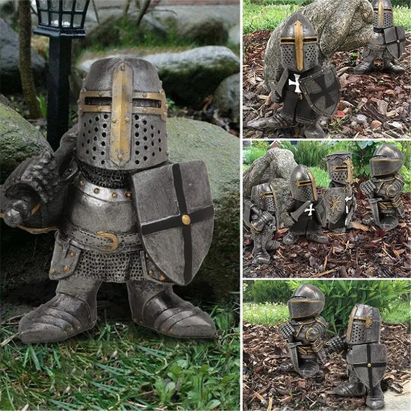 Knight Gnomi Garden Statue Guard Cross Templar Nano Guard Armor Samurai Miniature European Knight Resin Garden Decoration