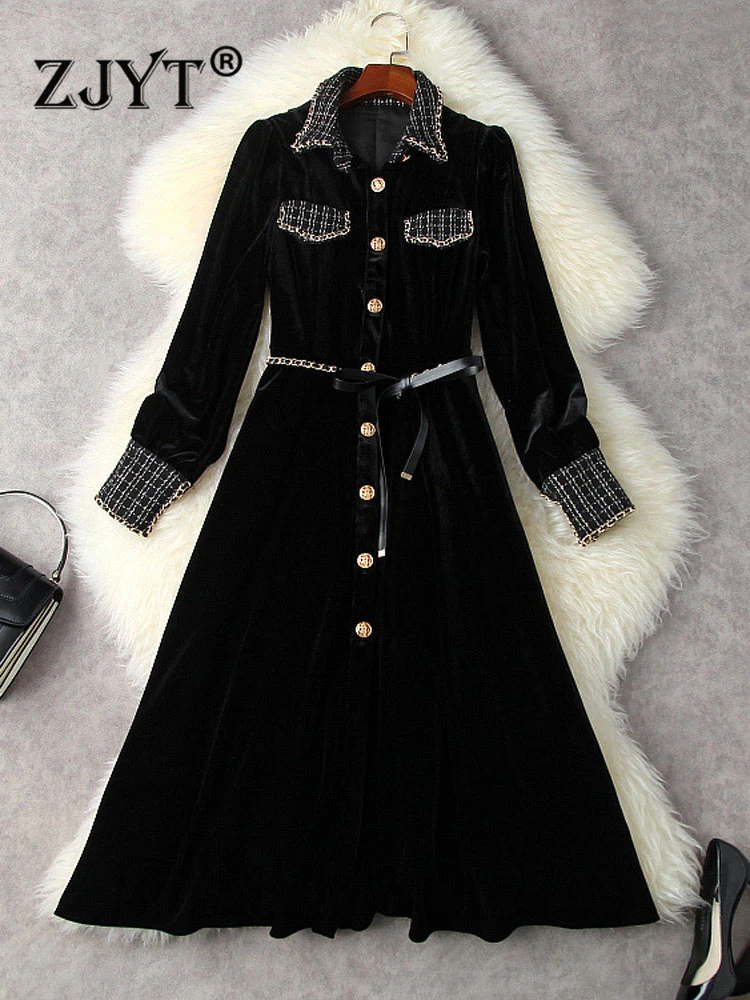 

ZJYT Autumn Winter Vintage Velvet Dress Women 2023 Runway Designer Long Sleeve Midi Vestidos Single Breasted Black Party Robes