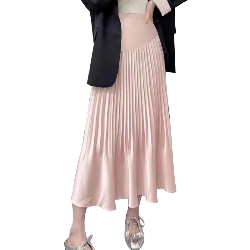 Korean Style Pregnant Woman Pleated Skirt Solid Color High Waist Long Loose Maternity Belly Skirts Pregnancy Satin Pleated Skirt