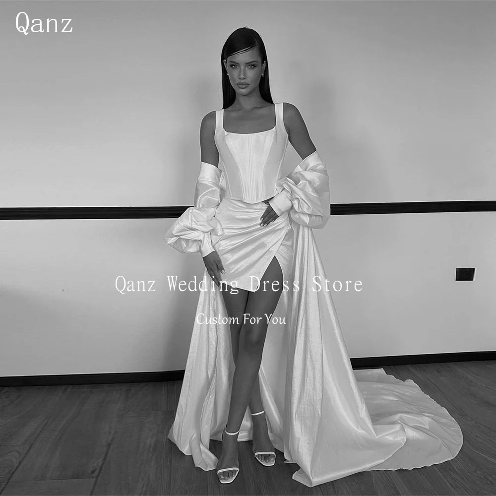 Qanz Mini 3 Pieces White Wedding Dress Spaghetti Straps Slit