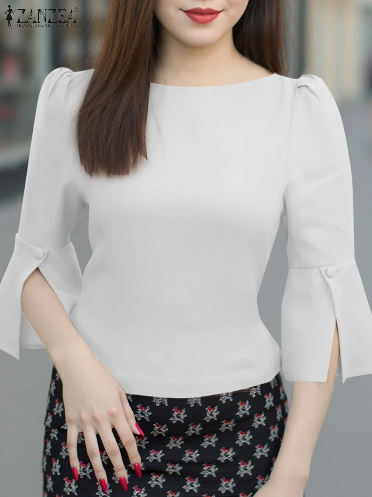 Women Summer Blouse Elegant Puff Sleeve Office Top