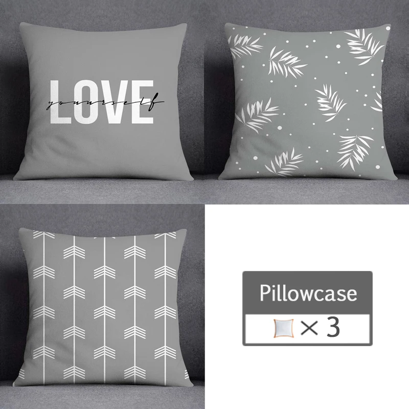 3pcs/lot 45X45CM Gray Lumbar Pillow Case Polyester Geometry Leaf Floral Stripes Plaids Print Sofa Throw Cushion Cover Home Decor 