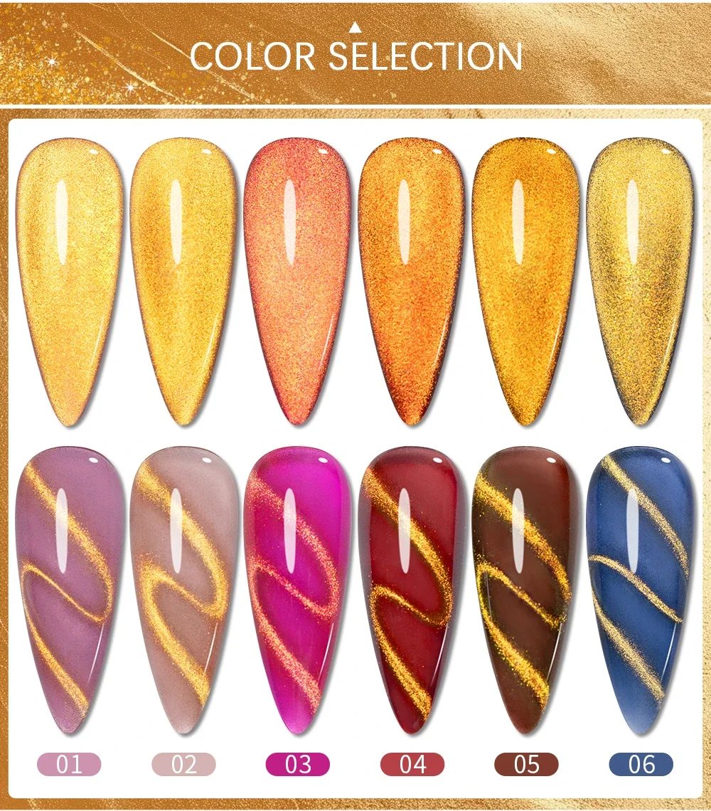Description Picture 4 of item7.5ML Super Shiny Gold Glitter Cat Magnetic Nail Polish Golden Gems Cat Eye Gel Effect Soak Off Semi-Permanent Varnish Manicure