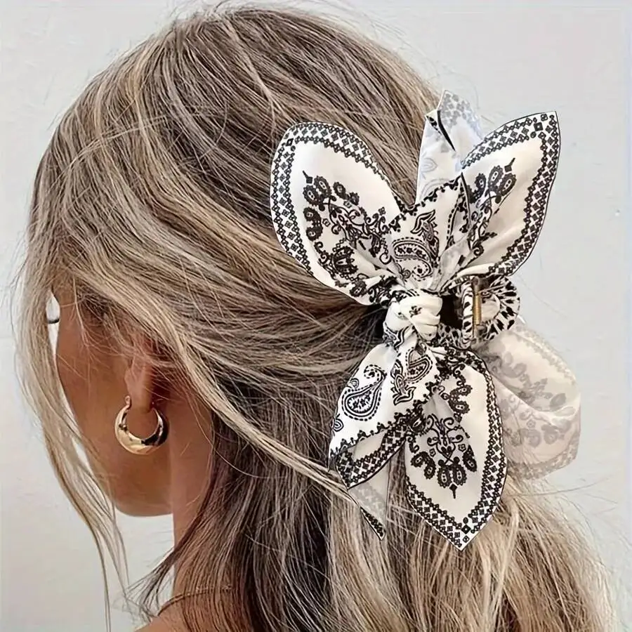 Doppelseitige Baumwoll-Haarspangen mit Cashew-Blumen-Print und Schleife, Modische Paisley-Haarklammer, Haaraccessoires für Frauen und Mädchen – Detail 4