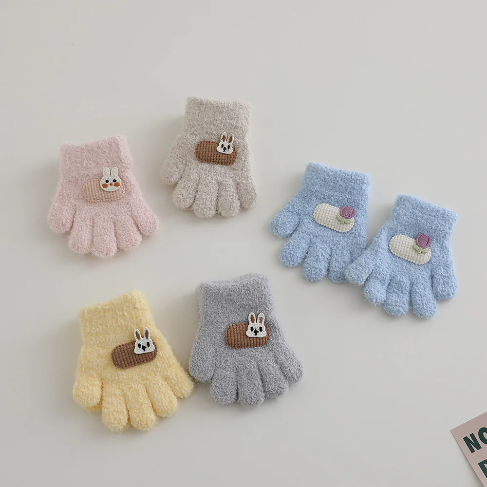 Autumn Winter Warm Thicken Girls Baby Gloves Bunny Cartoon Kids 1-3Y Five Fingers