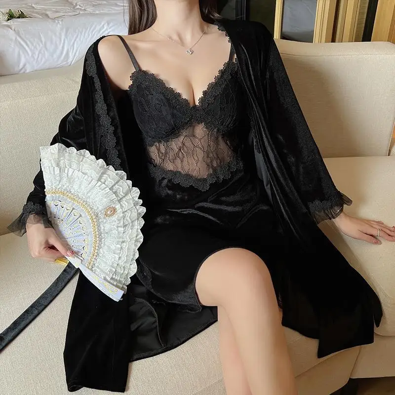 

Прозрачный комплект для сна из двух предметов, женский костюм, бархатное пикантное кимоно, халат, кружевная ночная рубашка в стиле пэчворк, осенняя одежда для отдыха