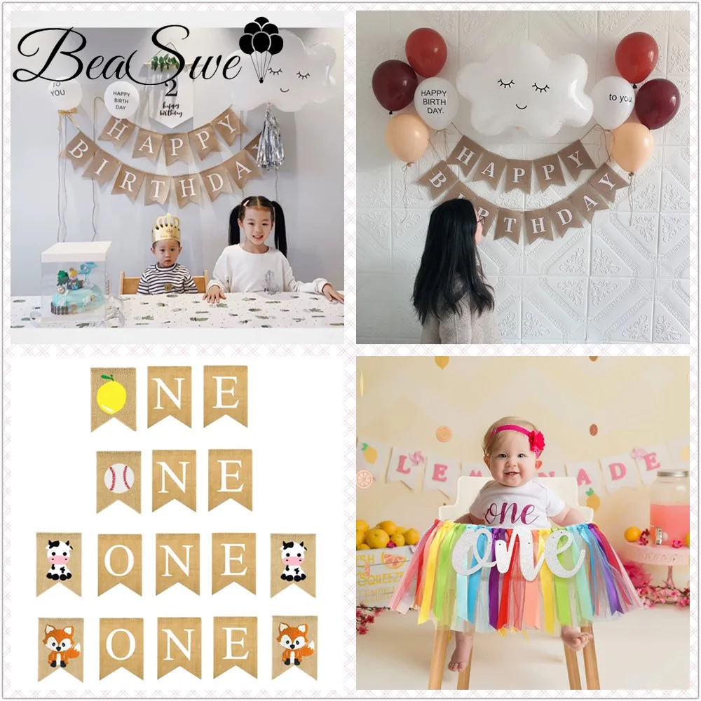 Big Foil Smile Cloud ONE Burlap HAPPY BIRTHDAY Banner 1st 2nd Flag Latex Balls High Chair Banner Baby Birthday Party Decor