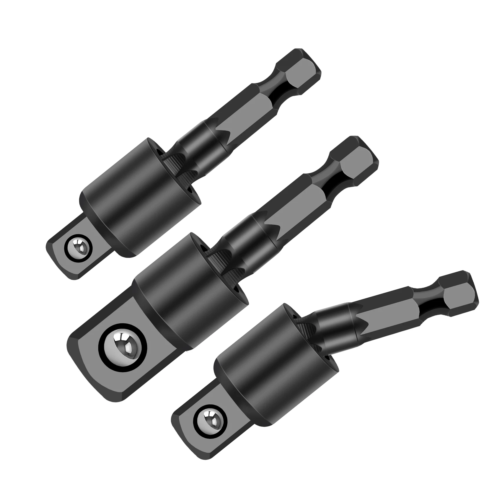 3PC Wobble Socket Adapters Universal Joint Swivel Socket Set, 1/4 Inch Hex Shank to 1/4 3/8 1/2 Square Drives