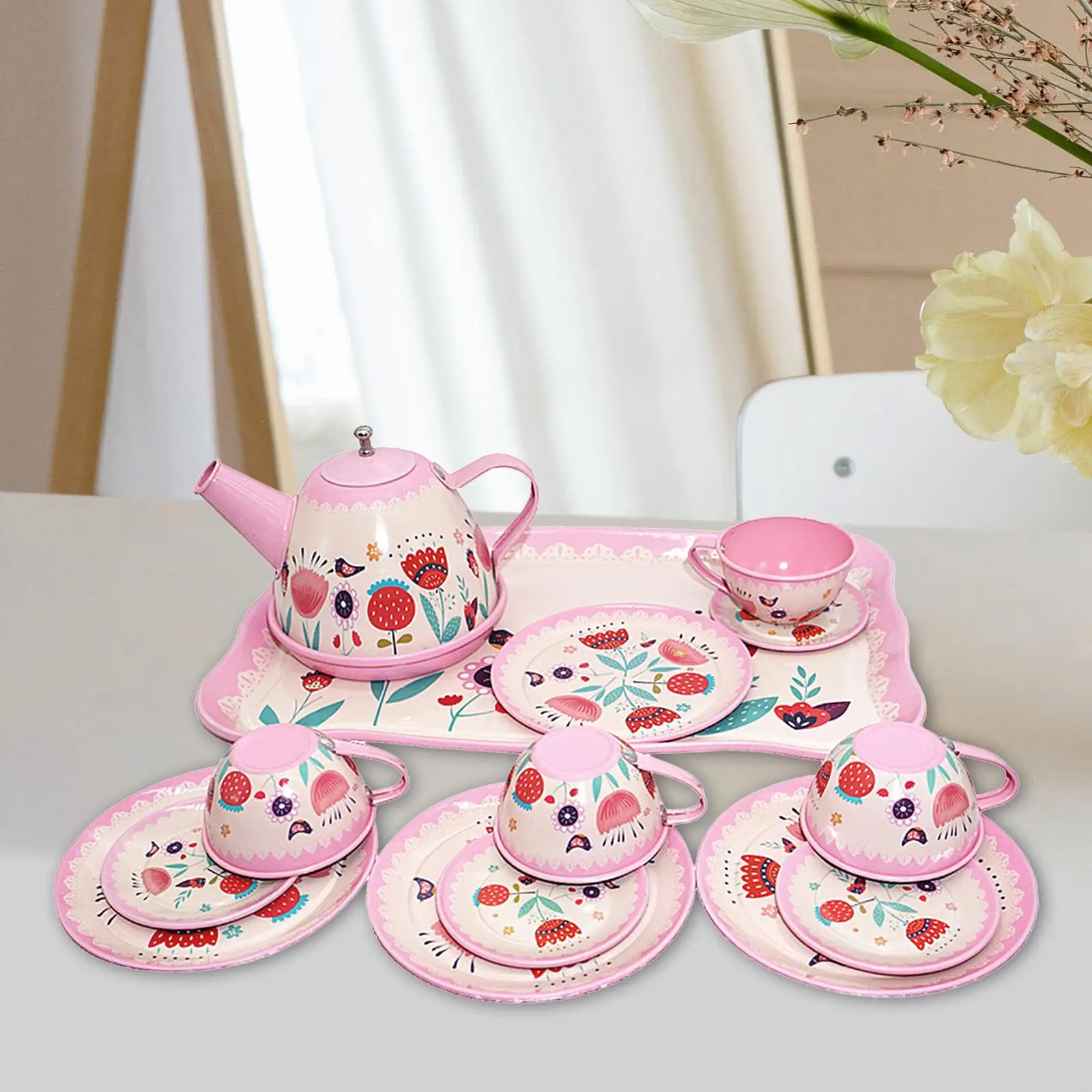 Kids Tea Set for Little Girls Educational Metal with Metal Teapots Cups Plates Pretend Toy Princess Toys for Toddlers Kids Girls
