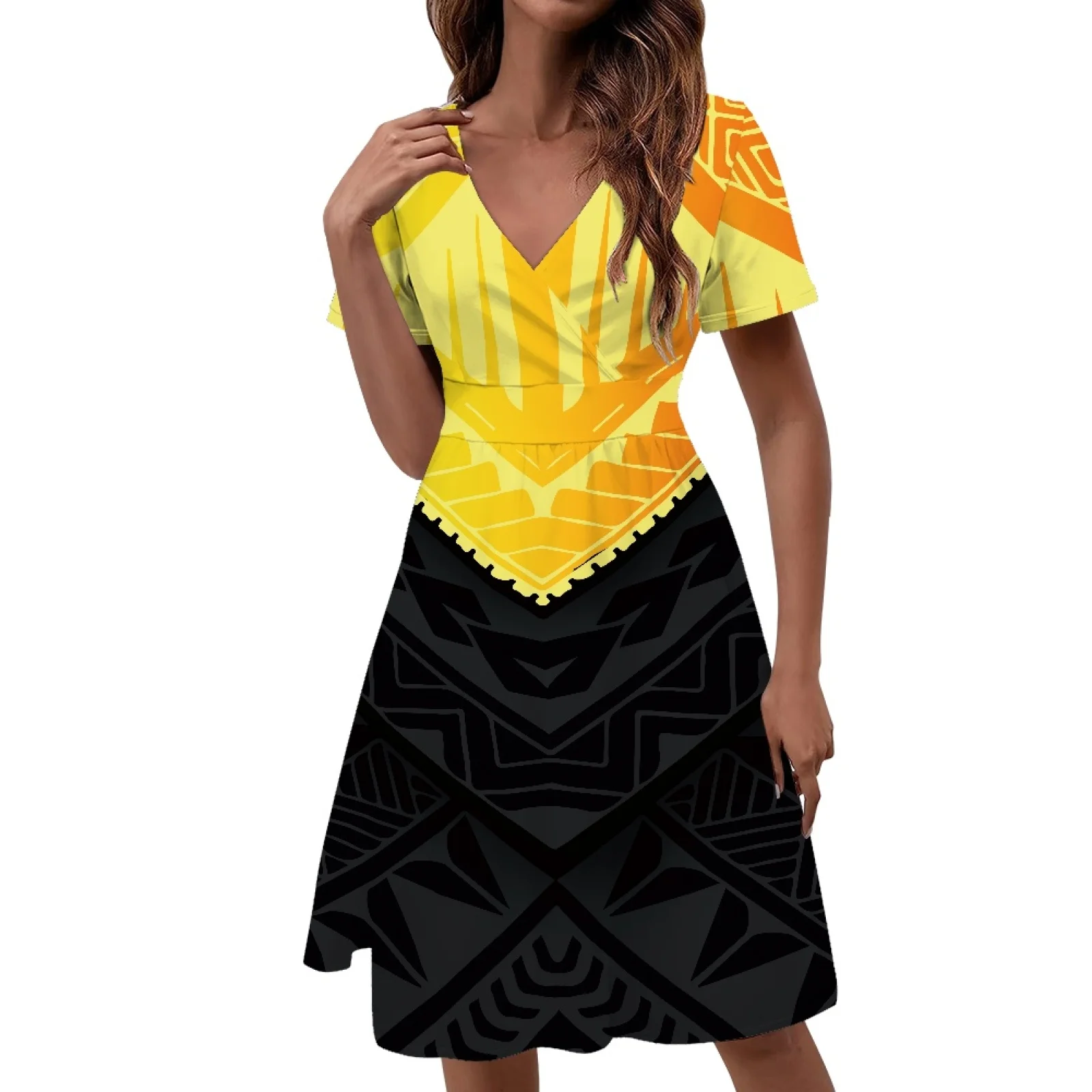 

Polynesian Tribal Tongan Totem Tattoo Tonga Prints Beautiful Luxury Breathable Deep V-neck Short Sleeved Dress Glamorous Attire