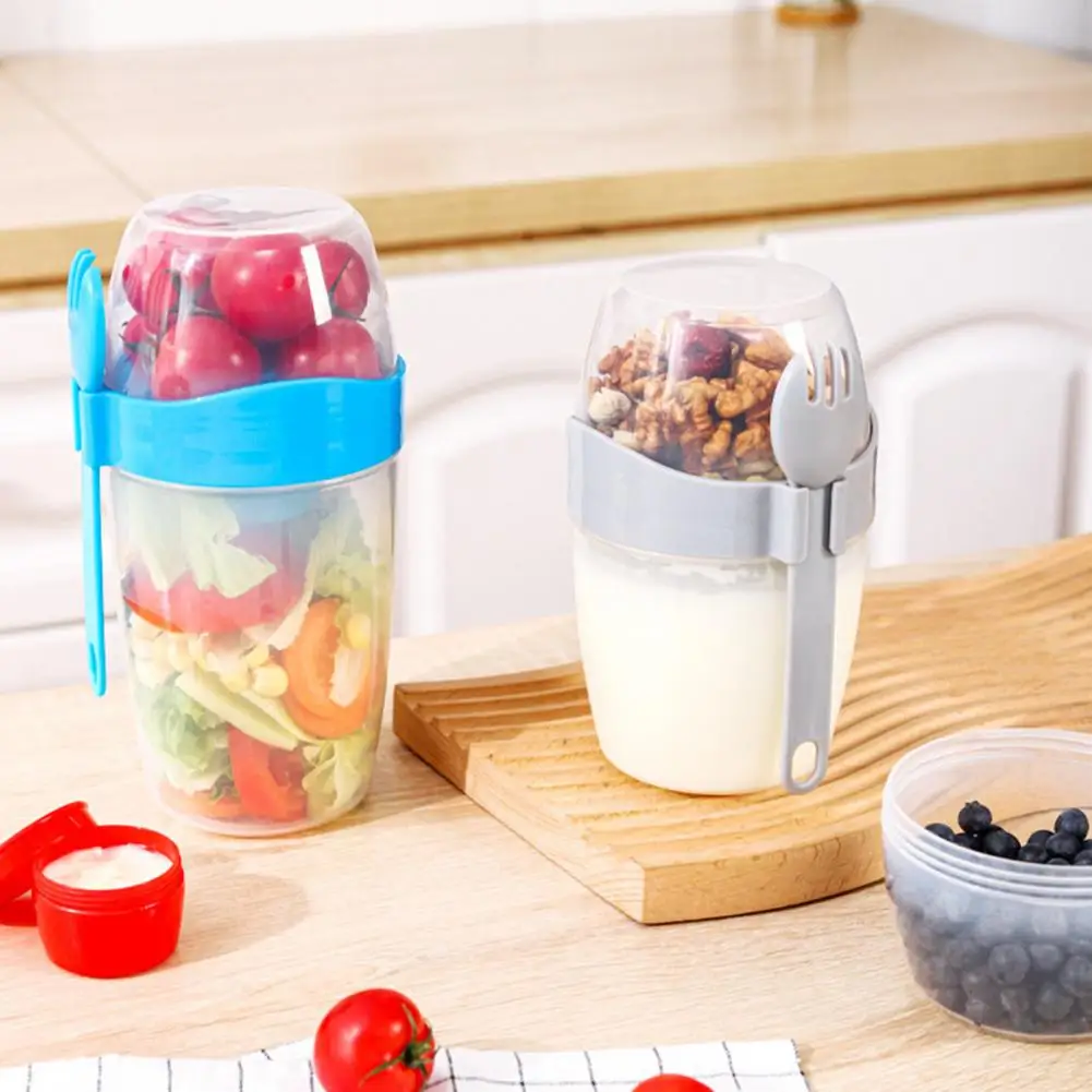 Portable Breakfast Oatmeal Cereal Nut Yogurt Salad Cup With Fork Spoon Double Layer Capacity Soy Milk Cup Household Supplies
