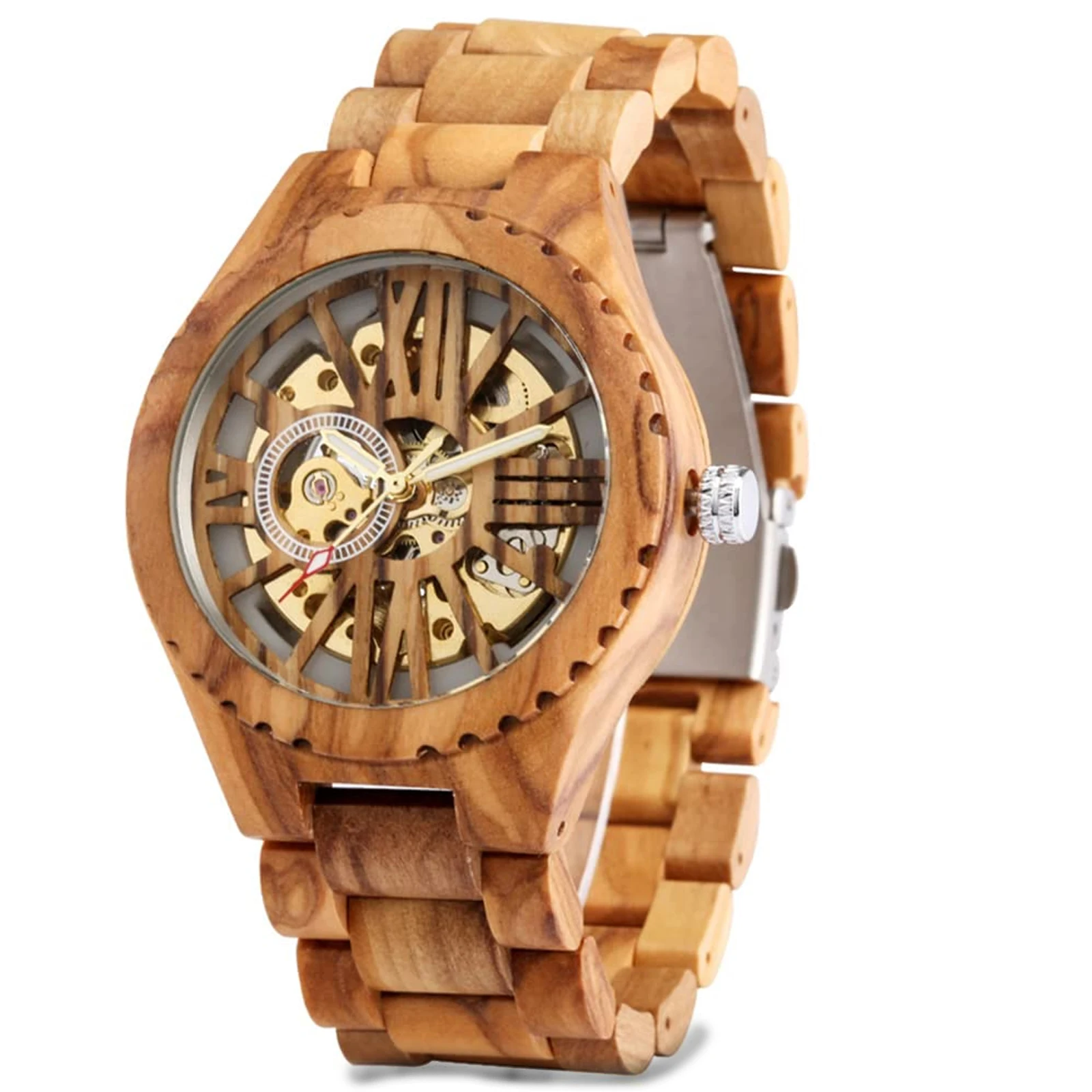 Fashion Men's Wooden Mechanical Skeleton Watches, No Battery Wooden Strap Watch for Men, Roman Large Numeral Dial