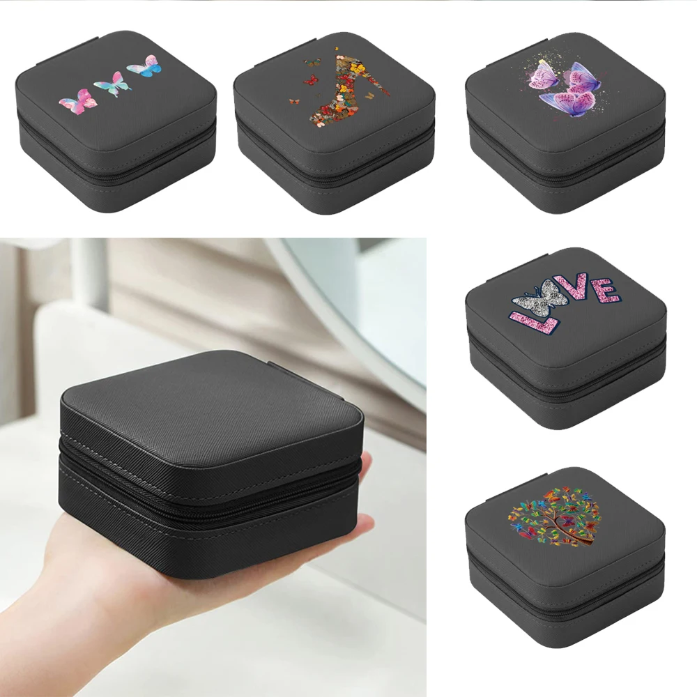 Portable Jewelry Storage Box Travel Organizer Jewelry Case Butterfly Print New Earrings Necklace Ring Jewelry Organizer Display 500pcs roll portable blank paper jewelry price tag 11x42mm white kraft self sticker label tool ring bracelet jewelry reatil tag