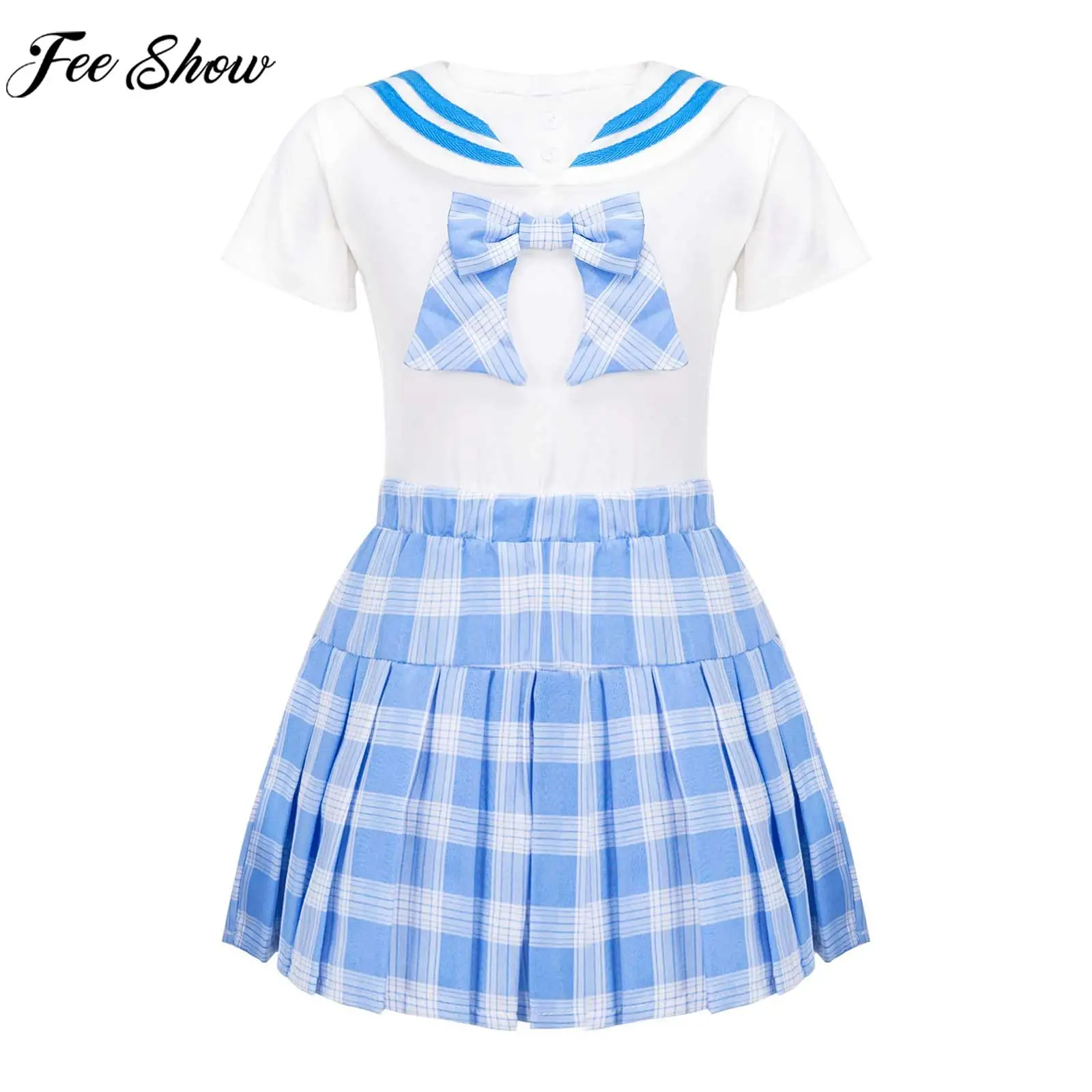 

Детская модная школьная форма для девочек, топ с короткими рукавами, отворотами, кроличьими ушками и юбкой в стиле преппи, одежда для повседневной фотосессии