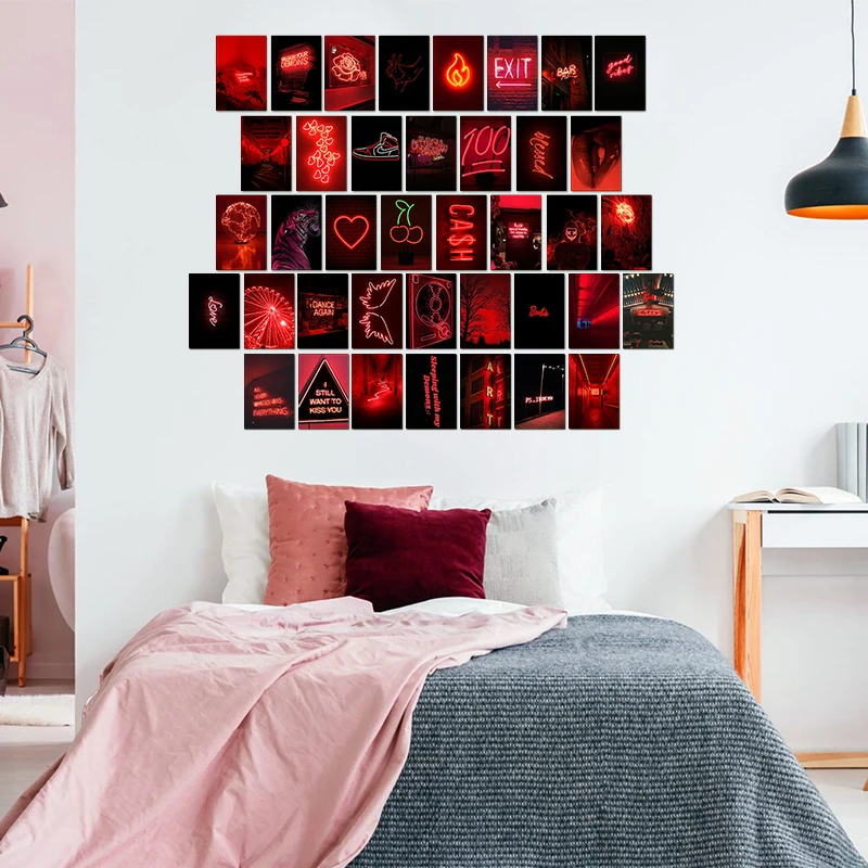 50Pcs Red Neon Print Poster Collage Cards Set Retro Cardboard Red Neon Wall Collage Poster Decor for Home Bar Bedroom Dormitory