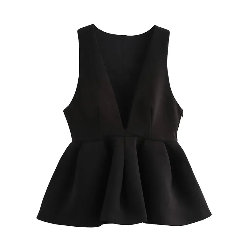 Black Elegant Pant Suit Women V-neck Sleeveless Ruffles Tank Tops Loose Trouser Female 2 Pieces 2025 Fashion Lady Outfits New
